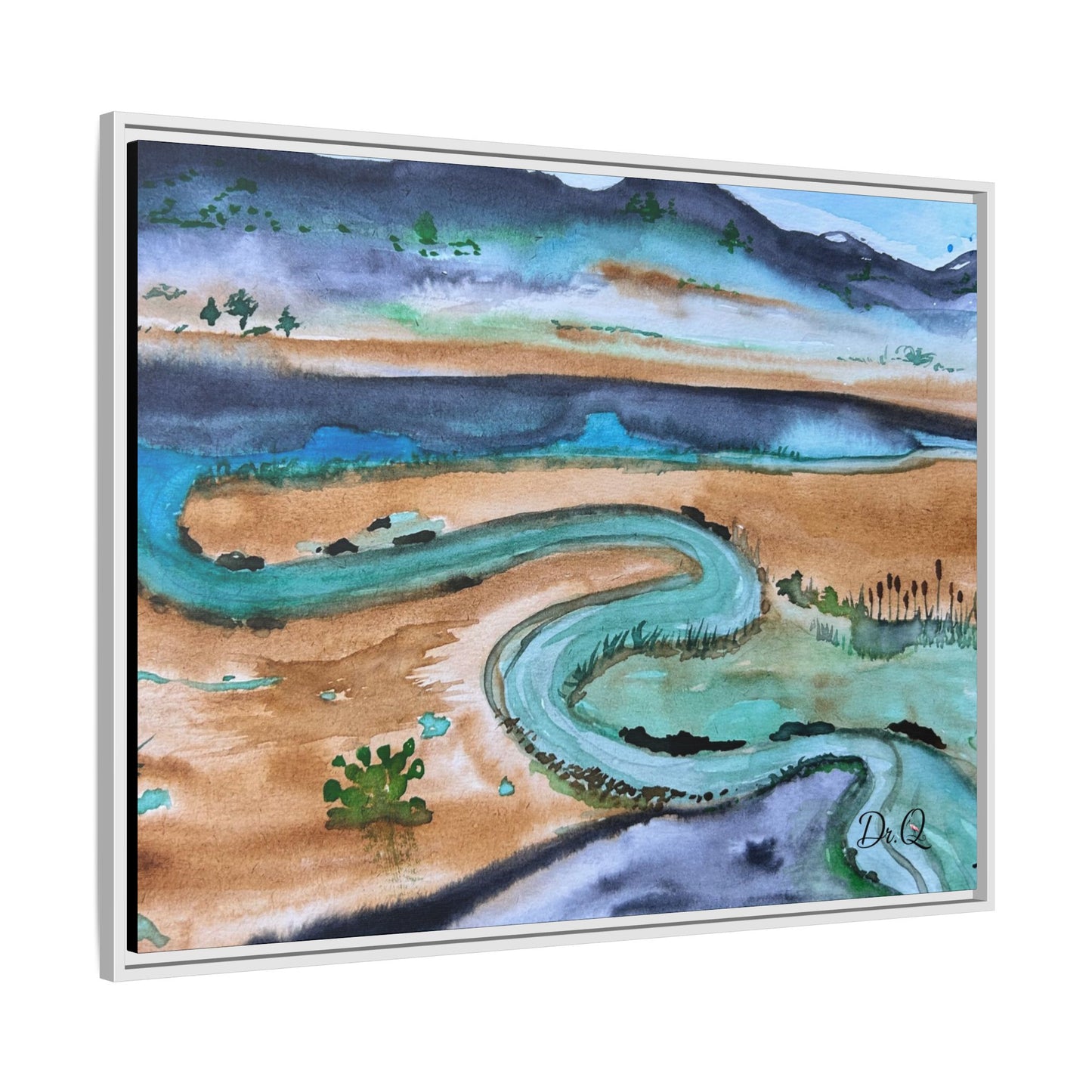 Winding River by Dr. Q - Framed Matte Canvas Watercolor Wall Art