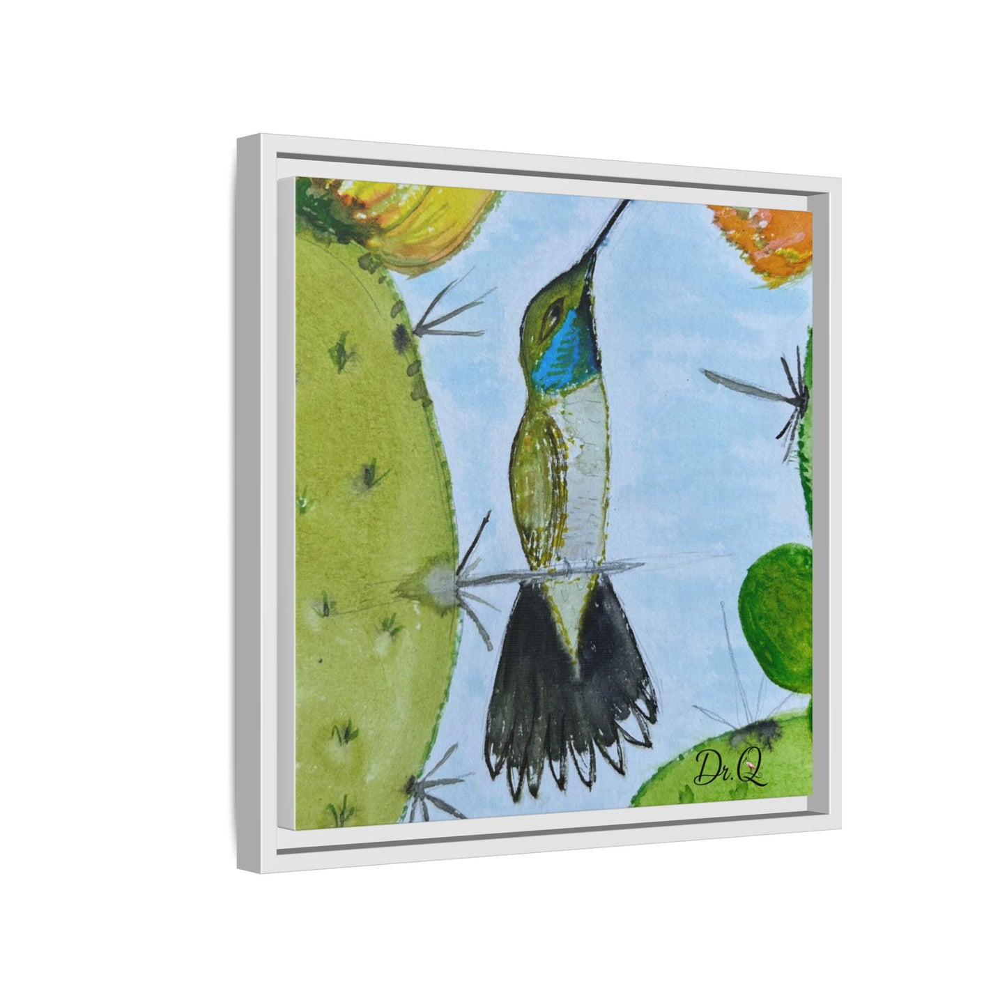 Framed Hummingbird Cactus Watercolor Print on Canvas by Dr. Q — Floral Desert Wall Art