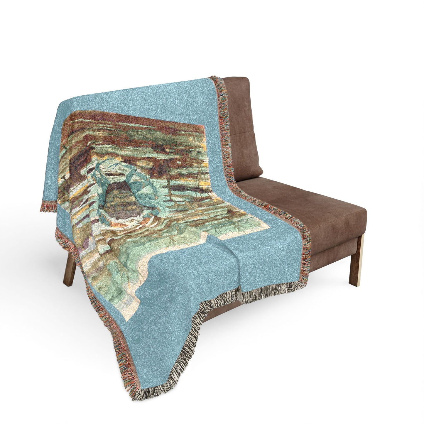 Blue Crab Coastal Woven Blanket — Boho Sea Life Throw with Nautical Sea Design