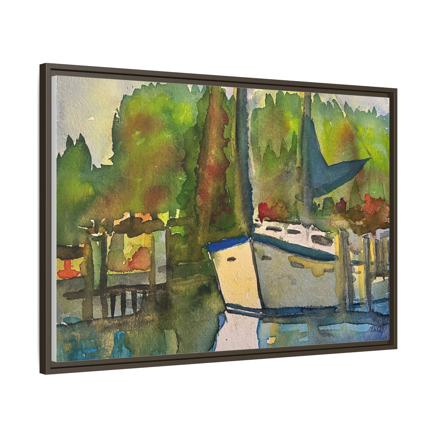 Sailboat Harbor Watercolor — Framed Matte Canvas Wall Art