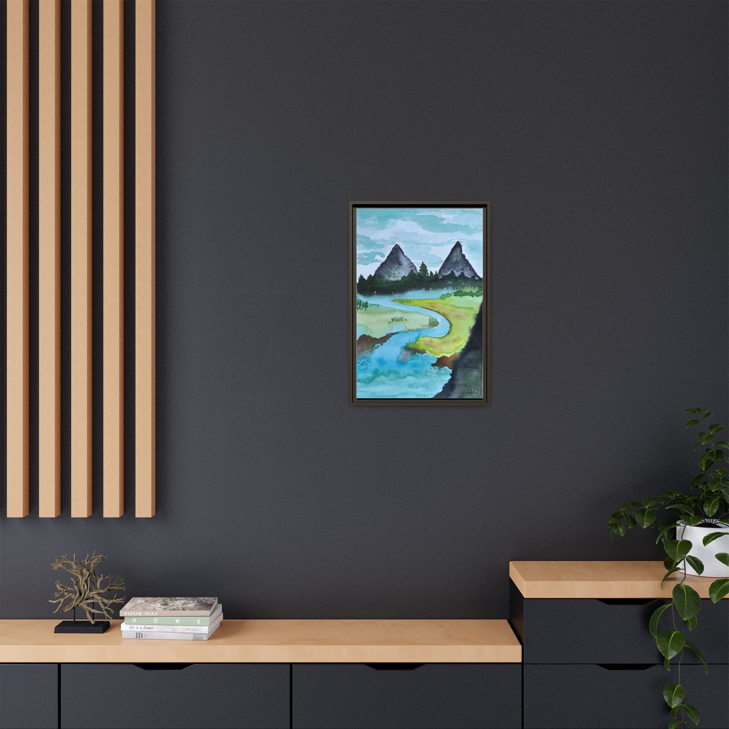 Mountain River Framed Canvas Watercolor Print by Dr. Q