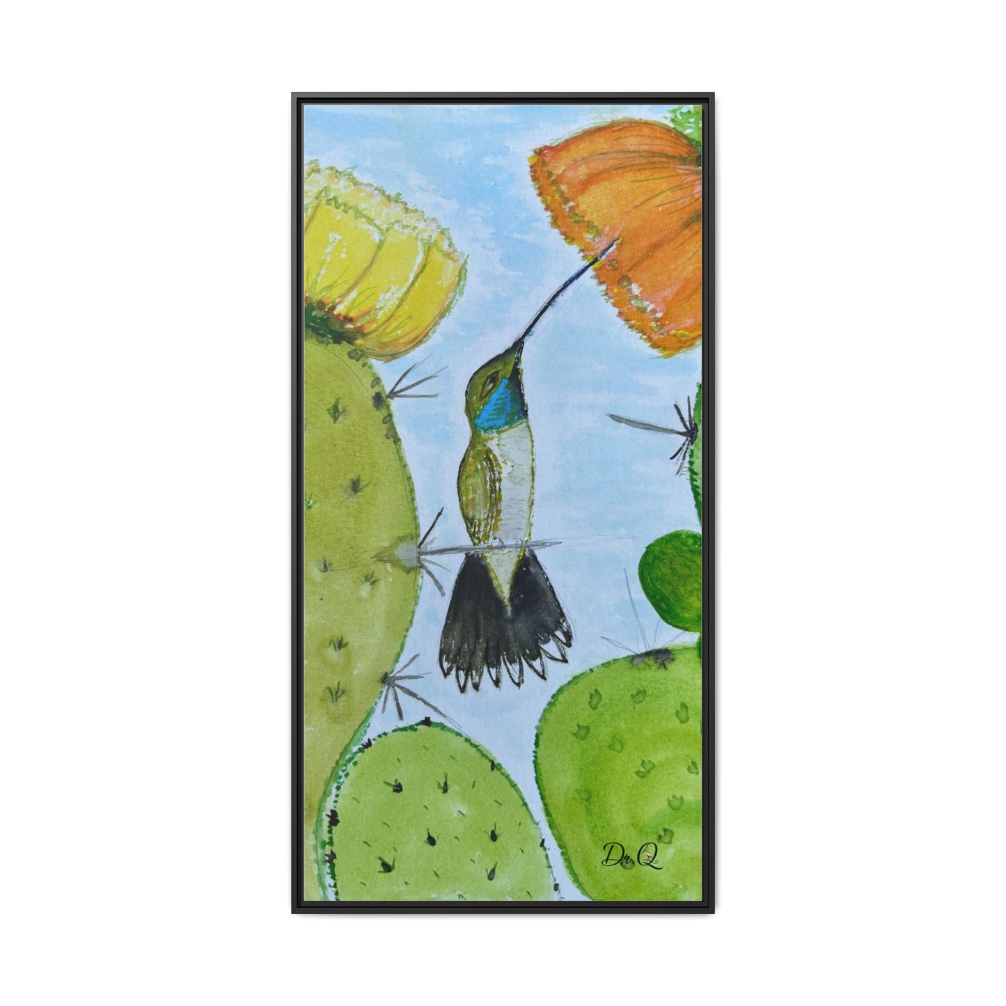 Framed Hummingbird Cactus Watercolor Print on Canvas by Dr. Q — Floral Desert Wall Art