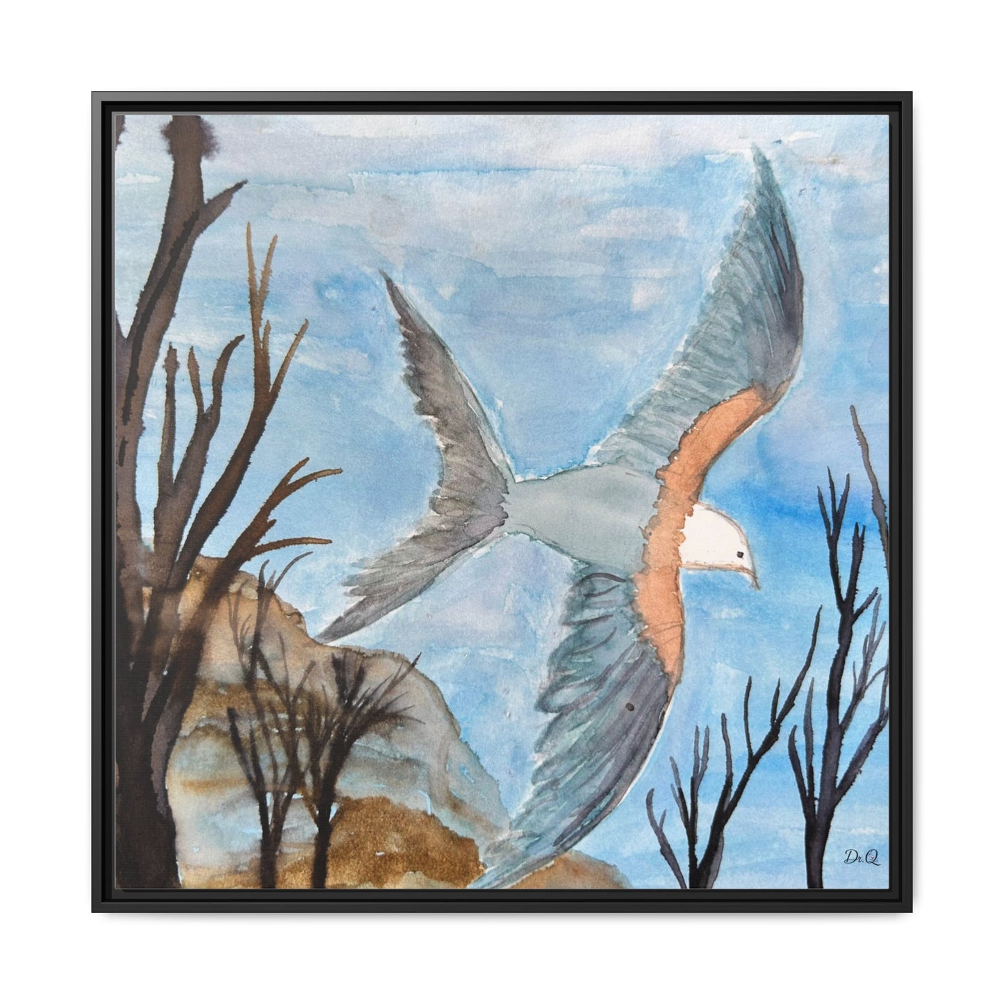Framed Matte Canvas Wall Art — Soaring Seagull Coastal Print