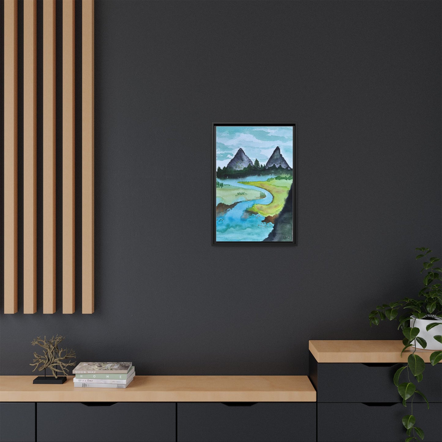 Mountain River Framed Canvas Watercolor Print by Dr. Q