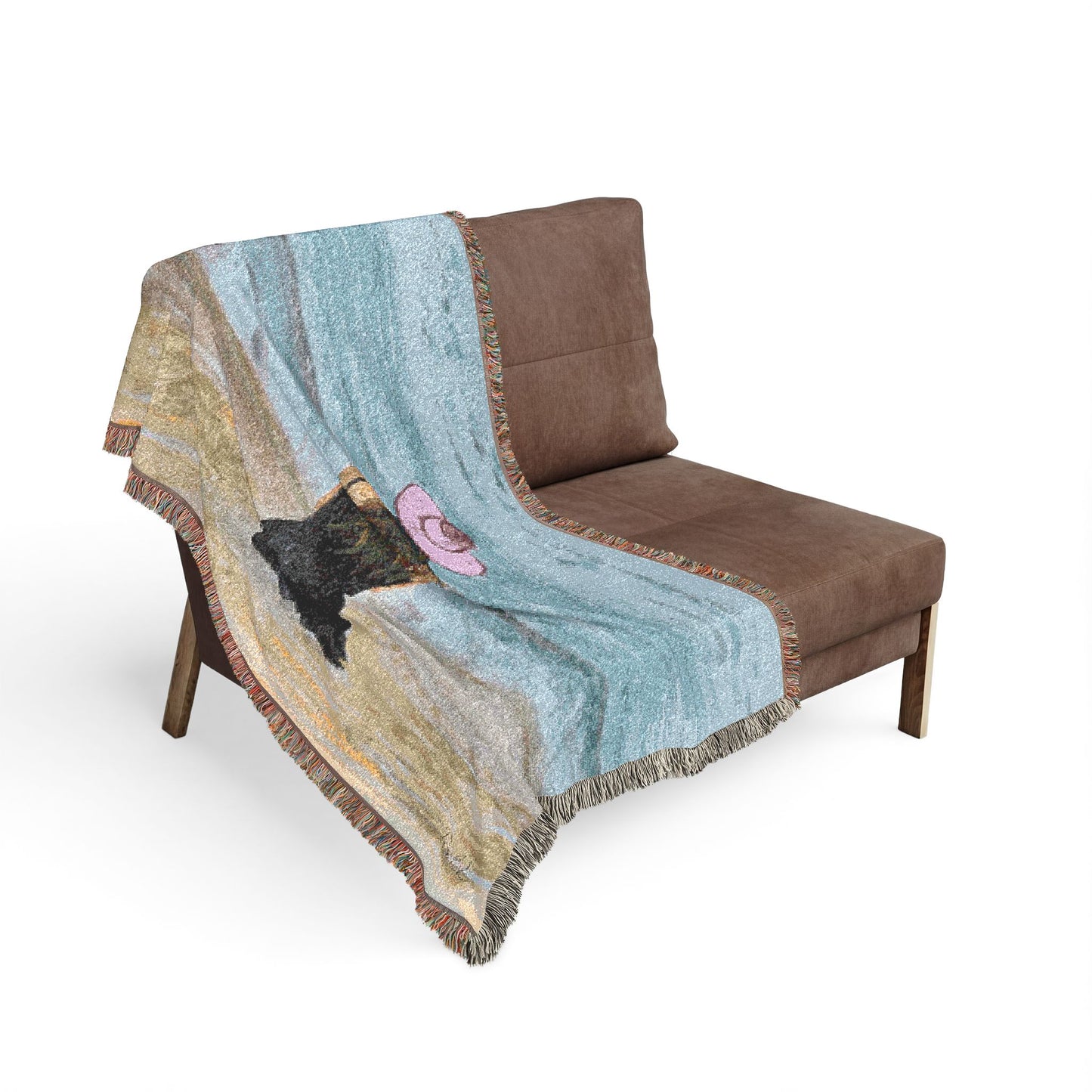 Beachside Woman Woven Blanket — Serene Seaside Throw with Pink Hat Design by Dr. Q