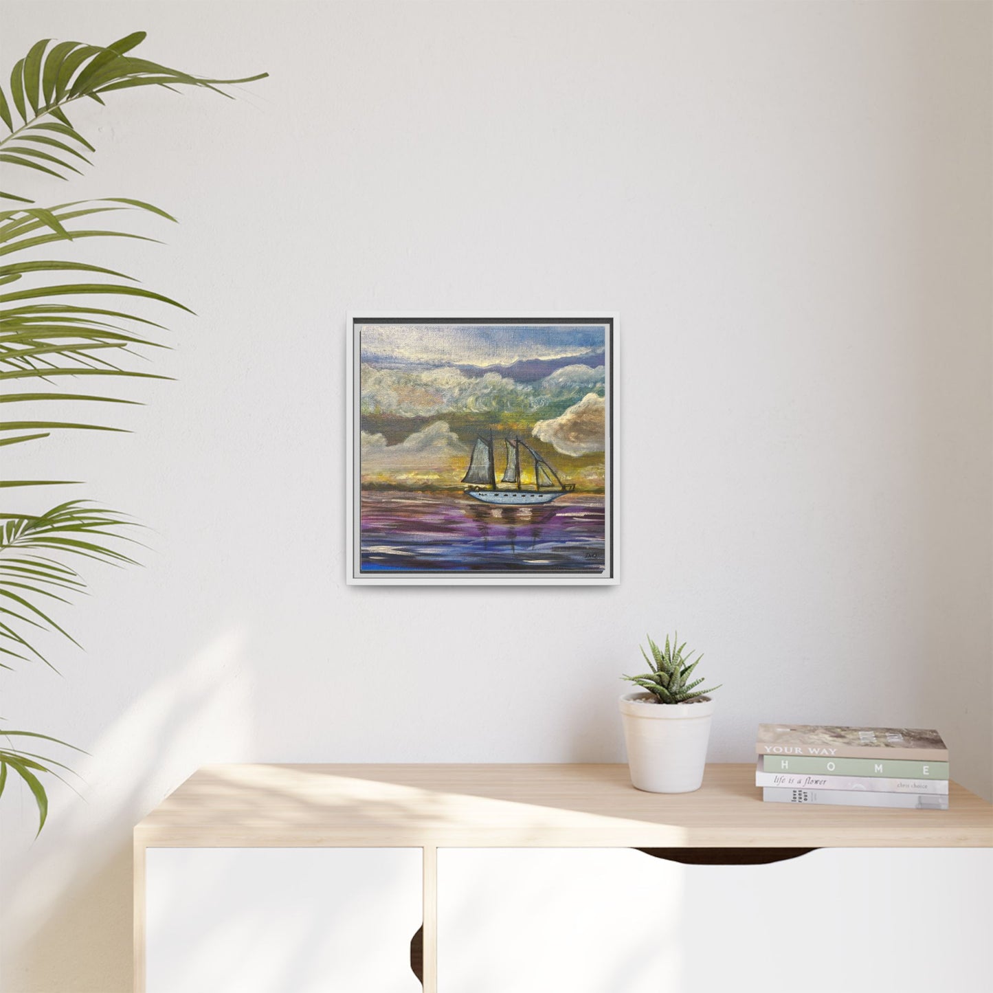 Framed Matte Canvas Sailboat Painting — Serene Seascape Wall Art
