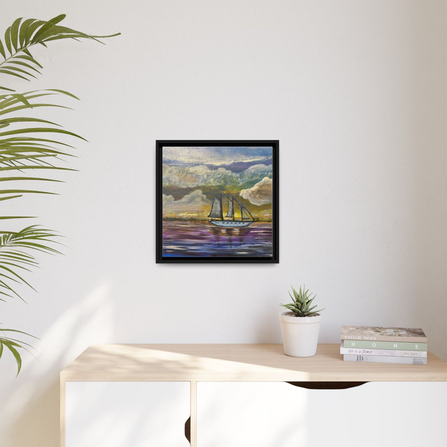 Framed Matte Canvas Sailboat Painting — Serene Seascape Wall Art