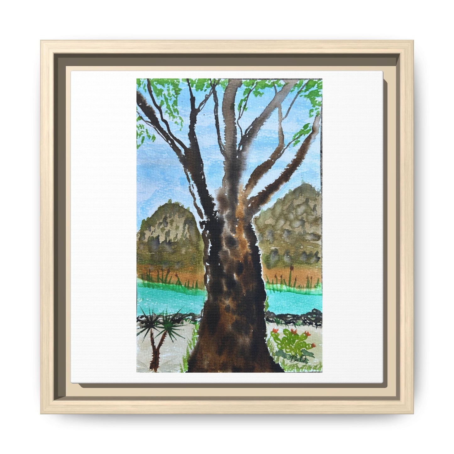 Tranquil Lakeside Tree Watercolor - Framed Matte Canvas Print by Dr. Q
