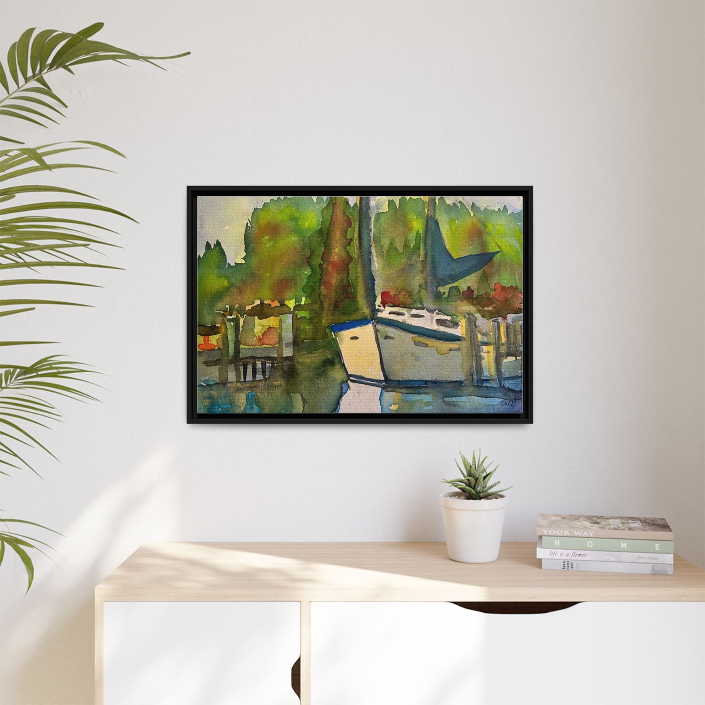 Sailboat Harbor Watercolor — Framed Matte Canvas Wall Art