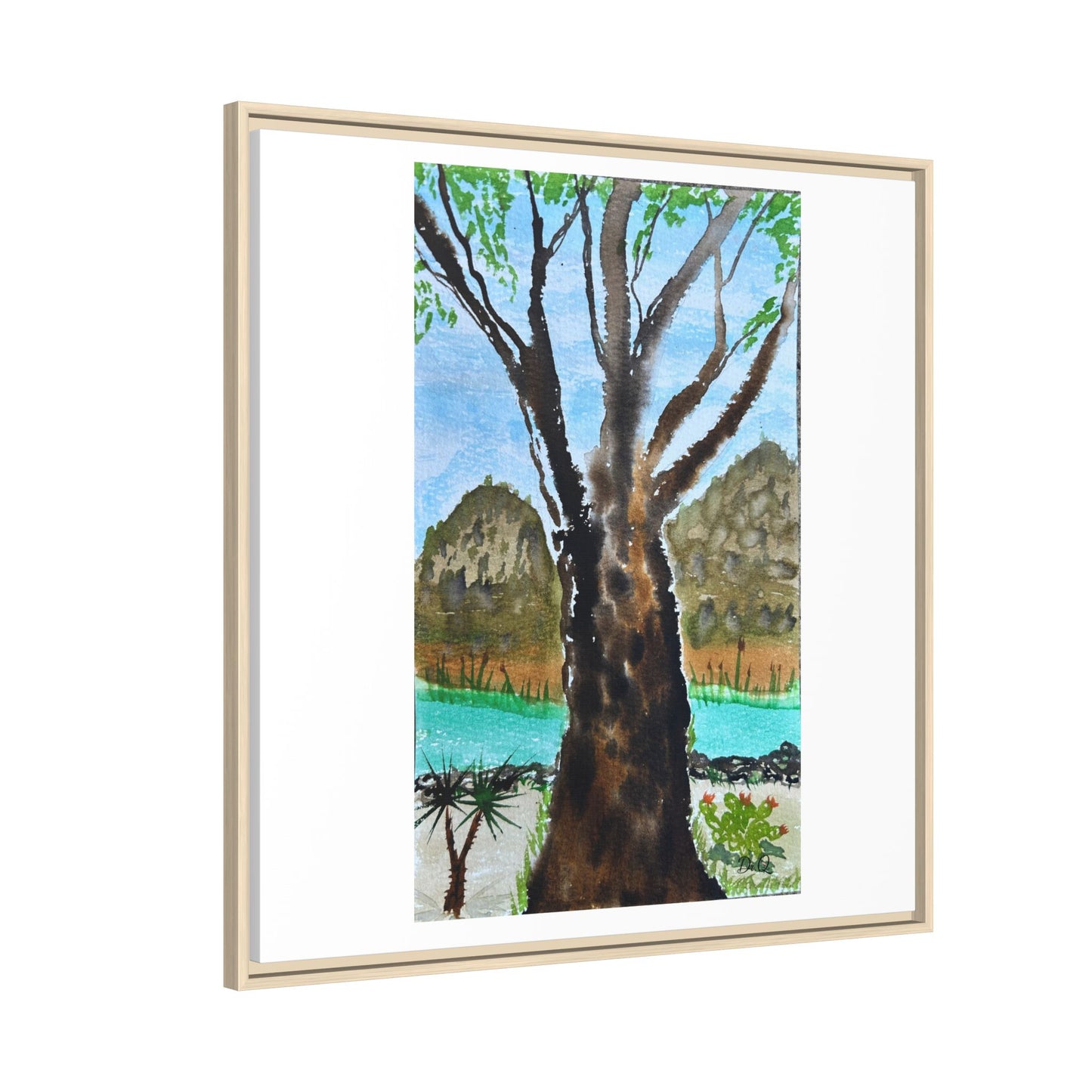 Tranquil Lakeside Tree Watercolor - Framed Matte Canvas Print by Dr. Q