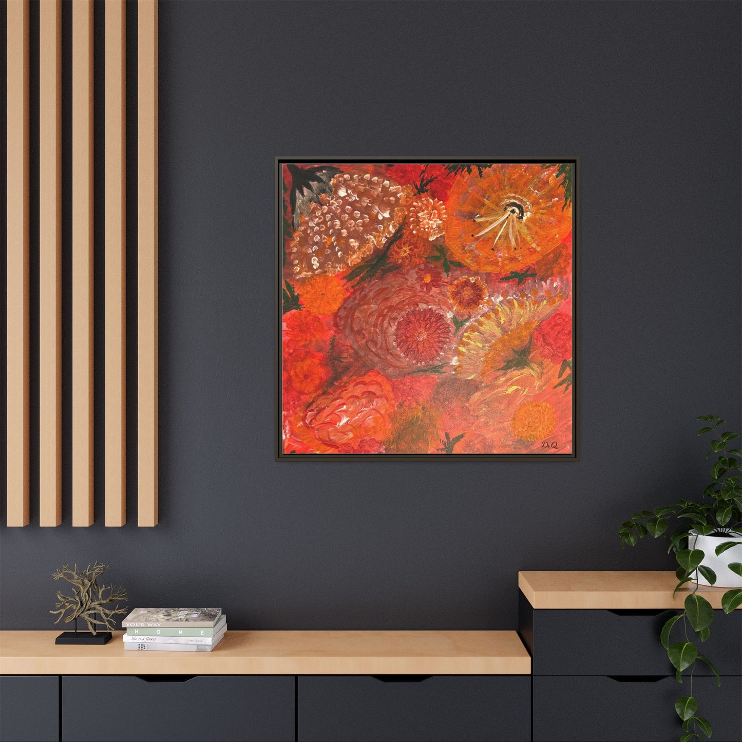 "Floral Burst" Abstract Red Floral Matte Canvas Framed Wall Art