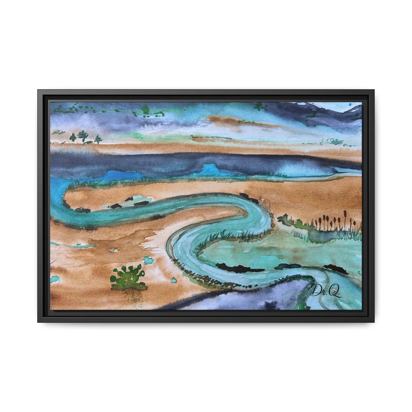 Winding River by Dr. Q - Framed Matte Canvas Watercolor Wall Art