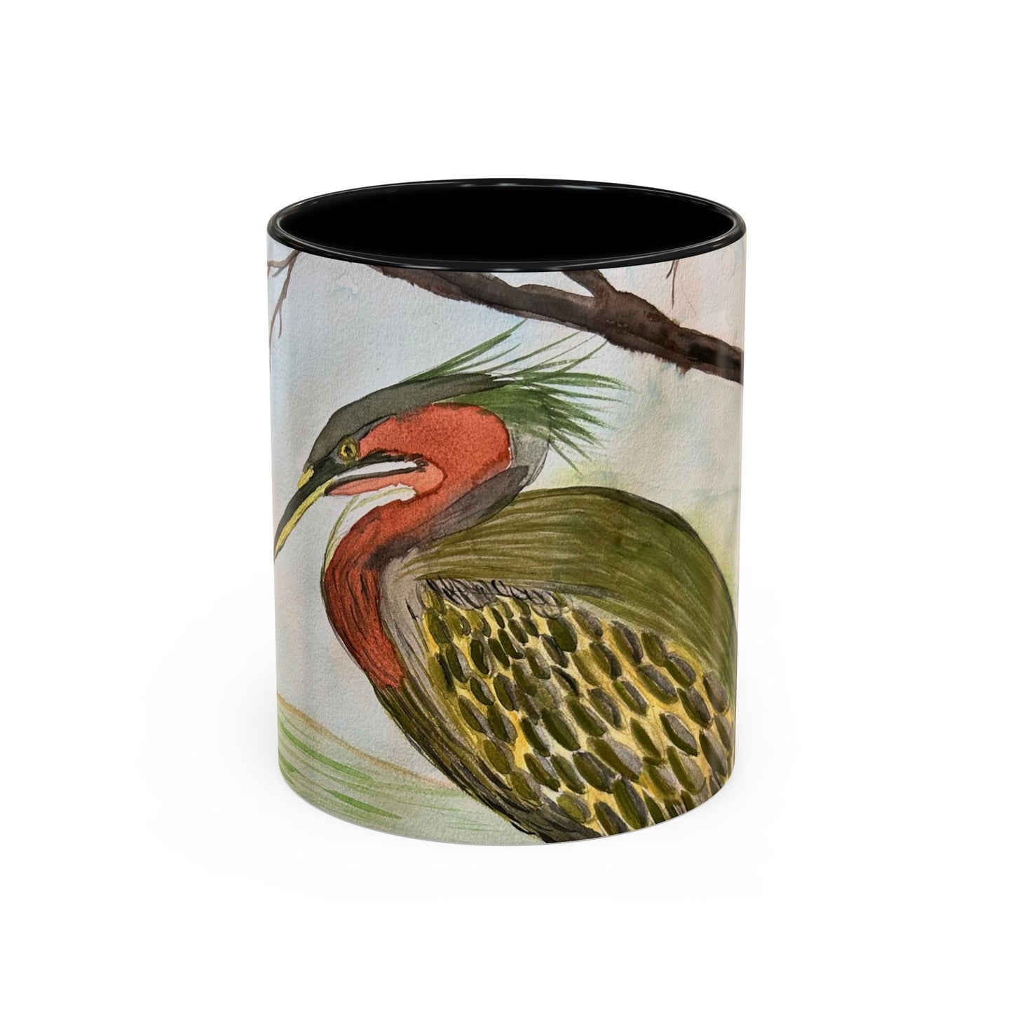 Green Heron Watercolor Accent Coffee Mug — Nature Bird Watercolor (11/15oz)