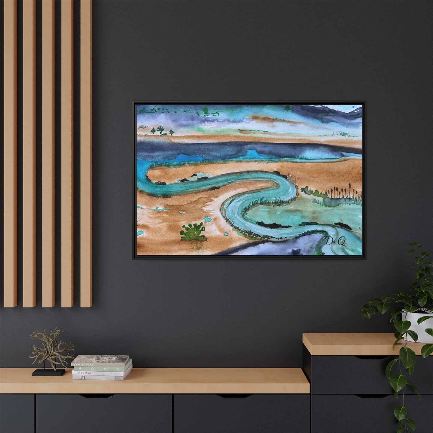 Winding River by Dr. Q - Framed Matte Canvas Watercolor Wall Art
