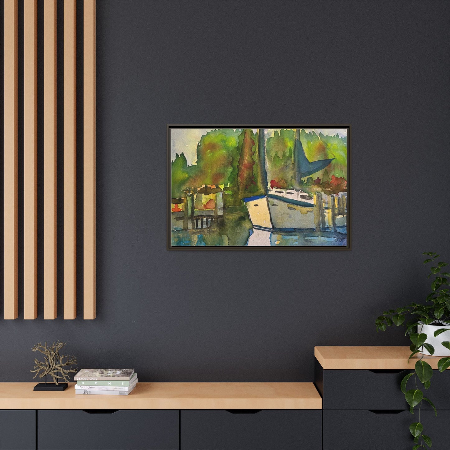 Sailboat Harbor Watercolor — Framed Matte Canvas Wall Art