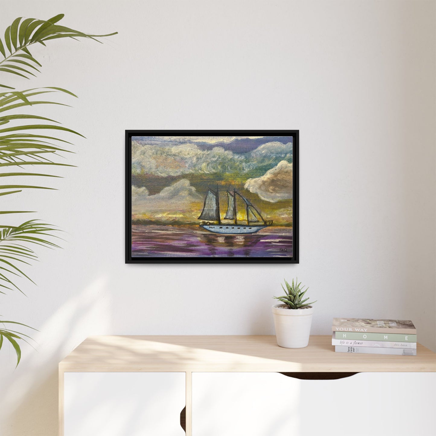 Framed Matte Canvas Sailboat Painting — Serene Seascape Wall Art