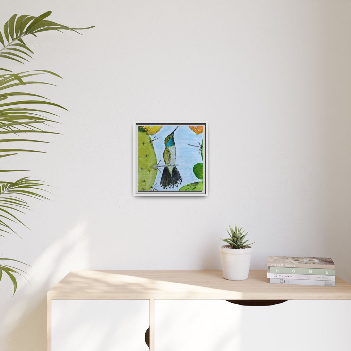 Framed Hummingbird Cactus Watercolor Print on Canvas by Dr. Q — Floral Desert Wall Art