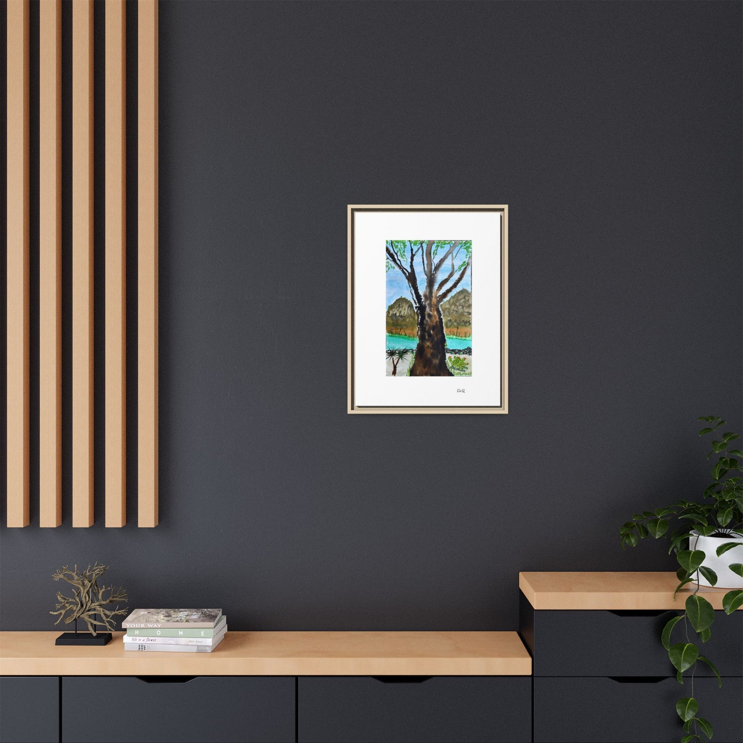 Tranquil Lakeside Tree Watercolor - Framed Matte Canvas Print by Dr. Q