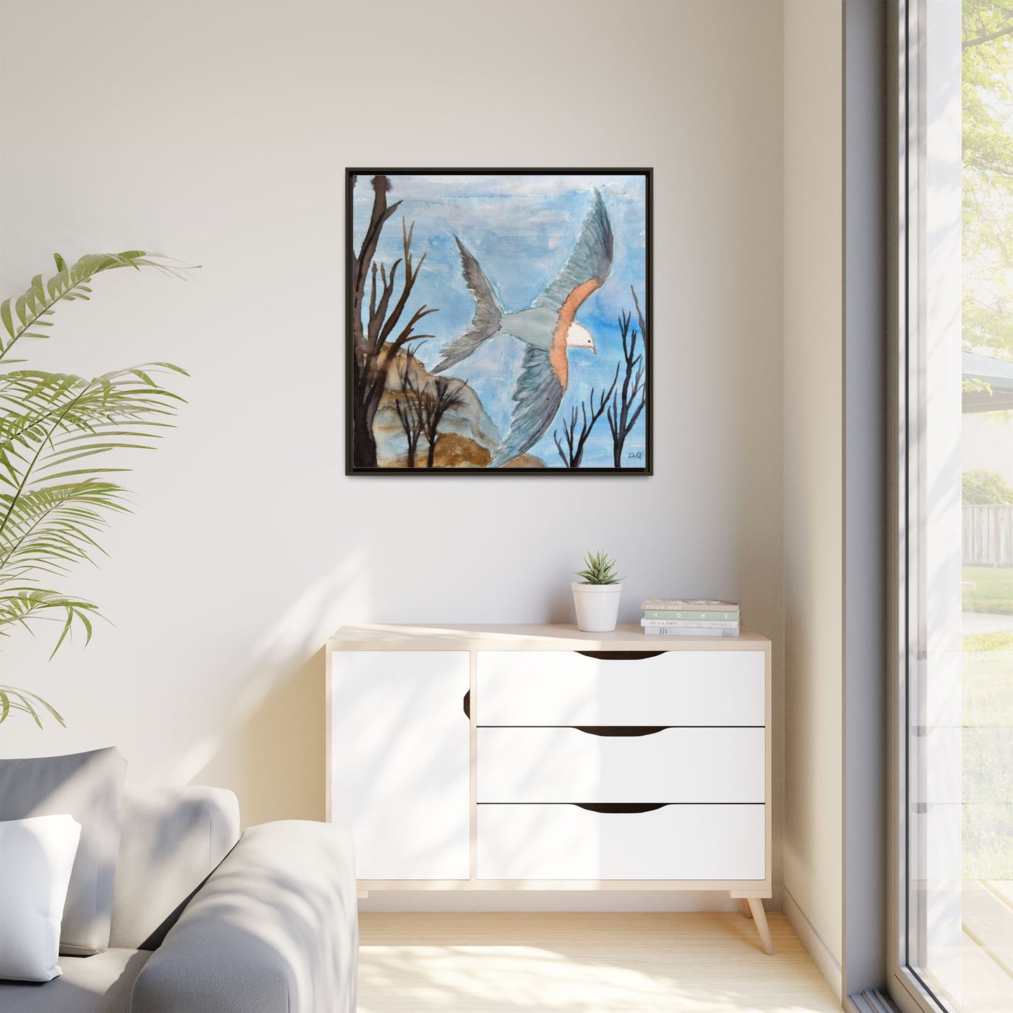 Framed Matte Canvas Wall Art — Soaring Seagull Coastal Print