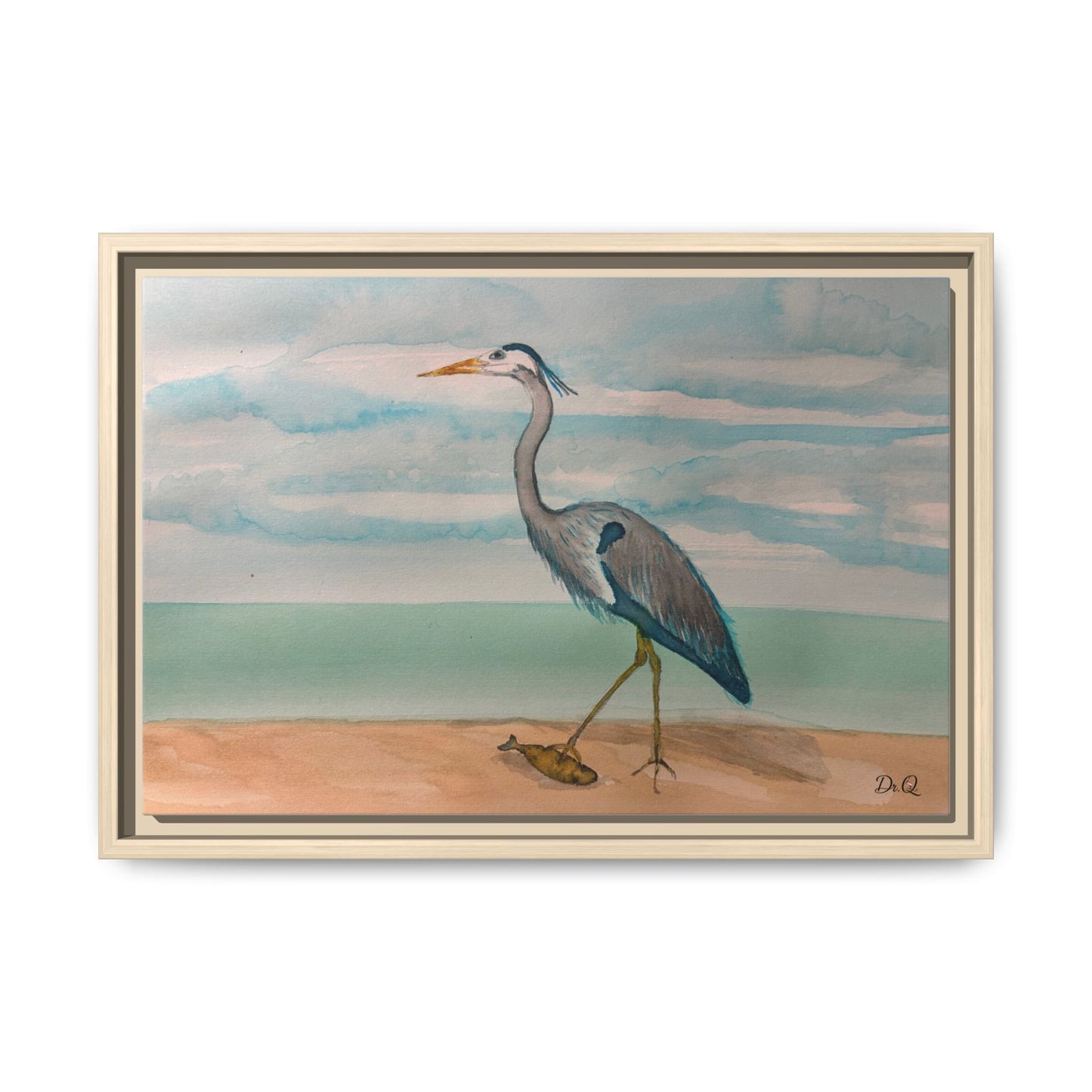 Framed Heron Beach Matte Canvas — Coastal Watercolor Wall Art