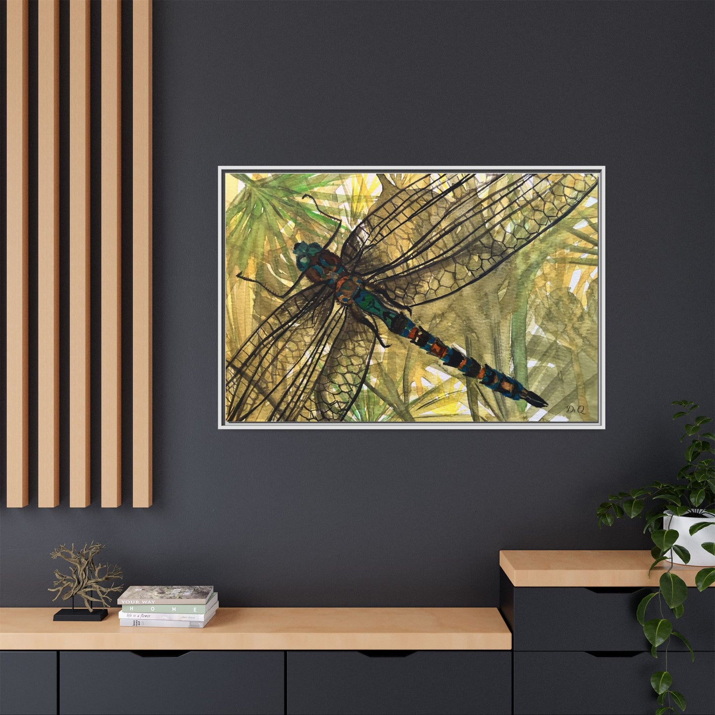 Dragonfly Framed Canvas Art — Botanical Watercolor Wall Decor