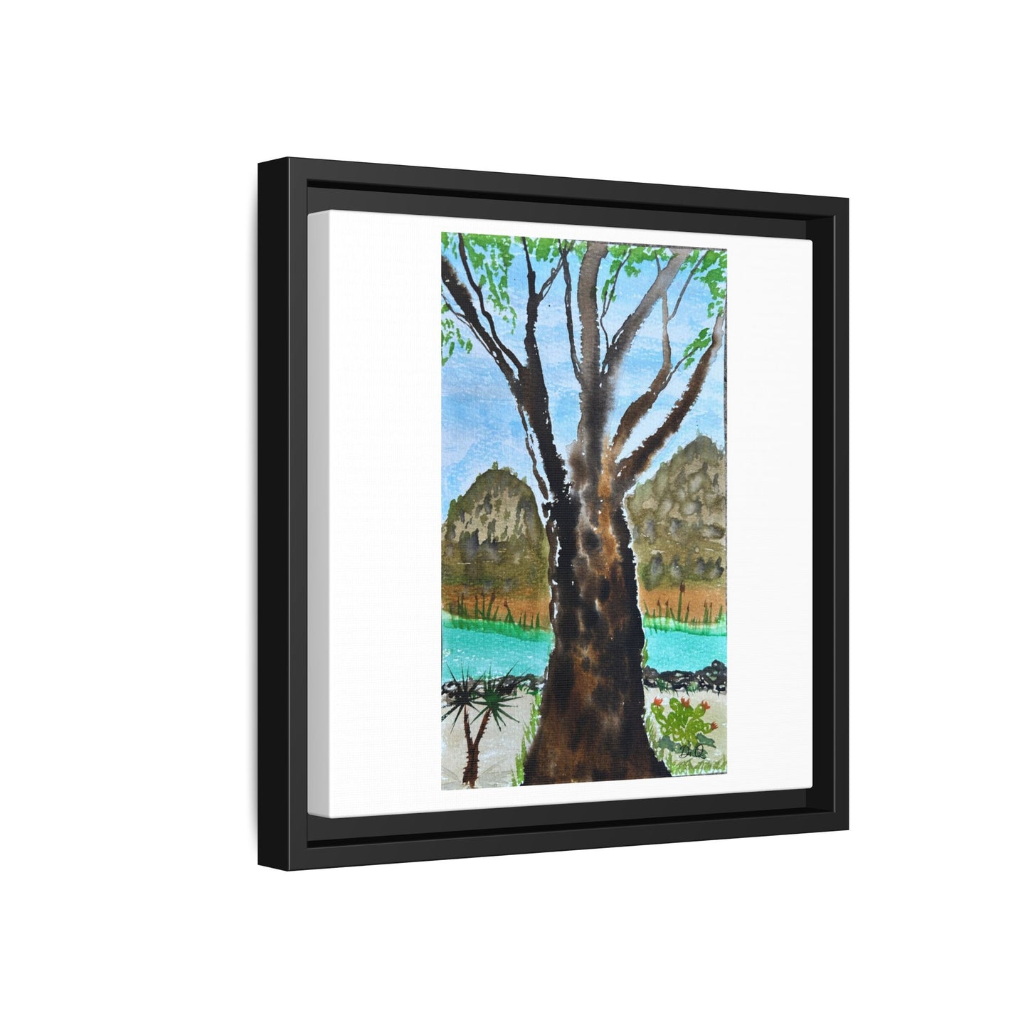 Tranquil Lakeside Tree Watercolor - Framed Matte Canvas Print by Dr. Q