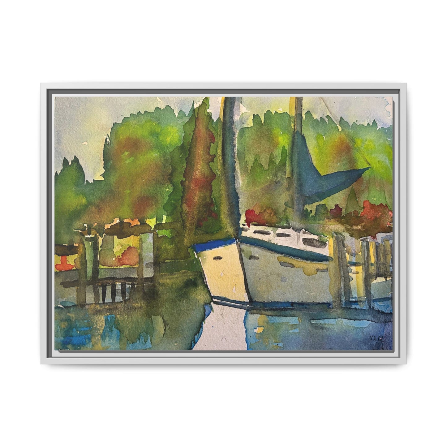 Sailboat Harbor Watercolor — Framed Matte Canvas Wall Art