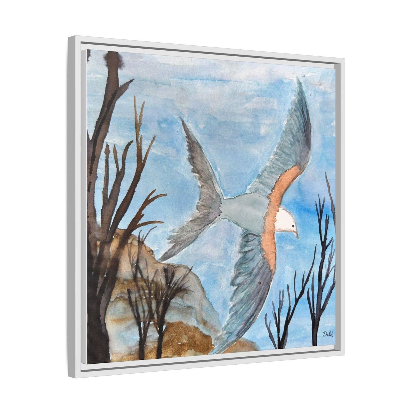 Framed Matte Canvas Wall Art — Soaring Seagull Coastal Print