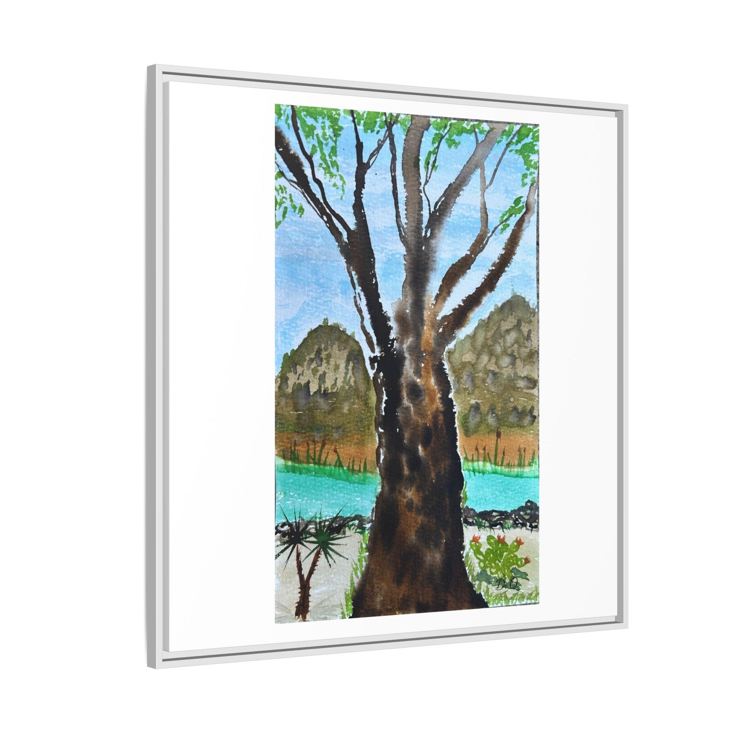 Tranquil Lakeside Tree Watercolor - Framed Matte Canvas Print by Dr. Q