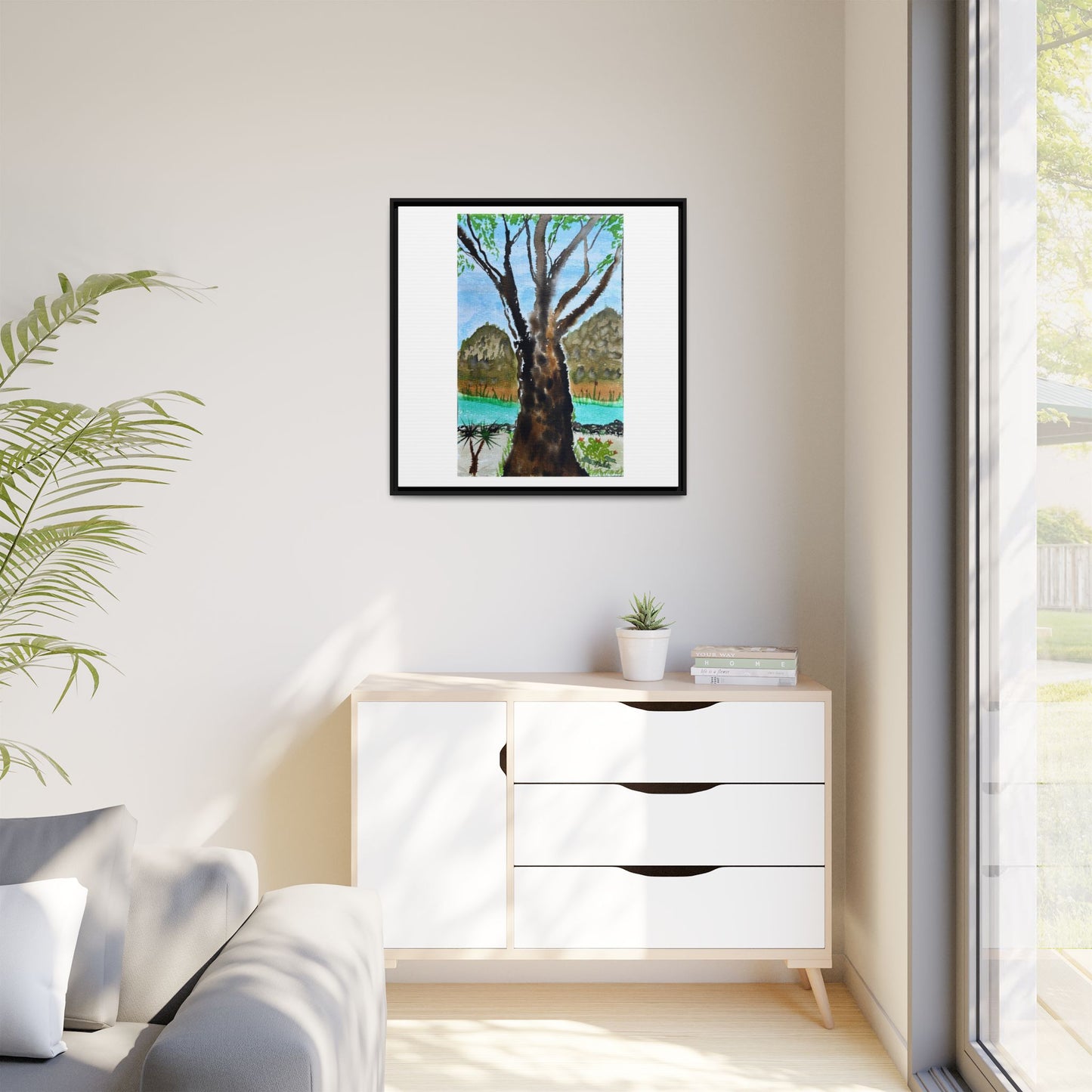 Tranquil Lakeside Tree Watercolor - Framed Matte Canvas Print by Dr. Q
