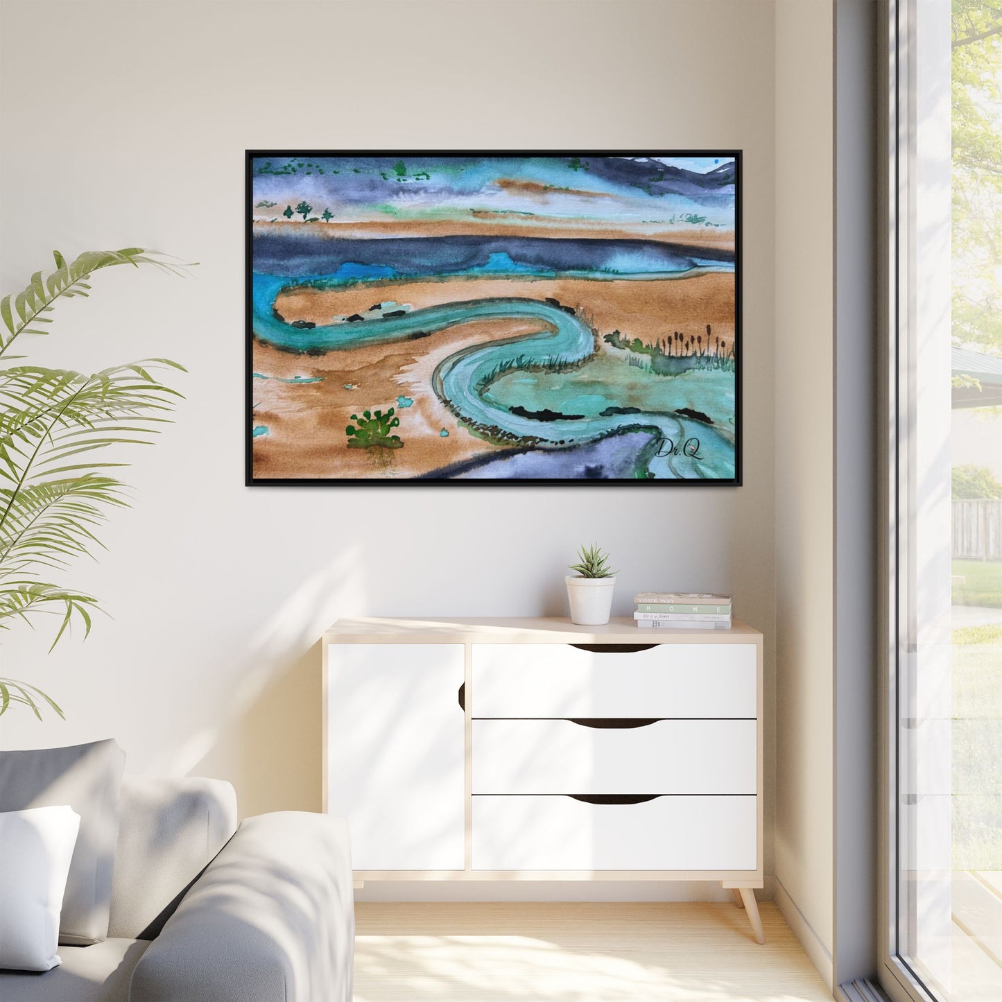 Winding River by Dr. Q - Framed Matte Canvas Watercolor Wall Art