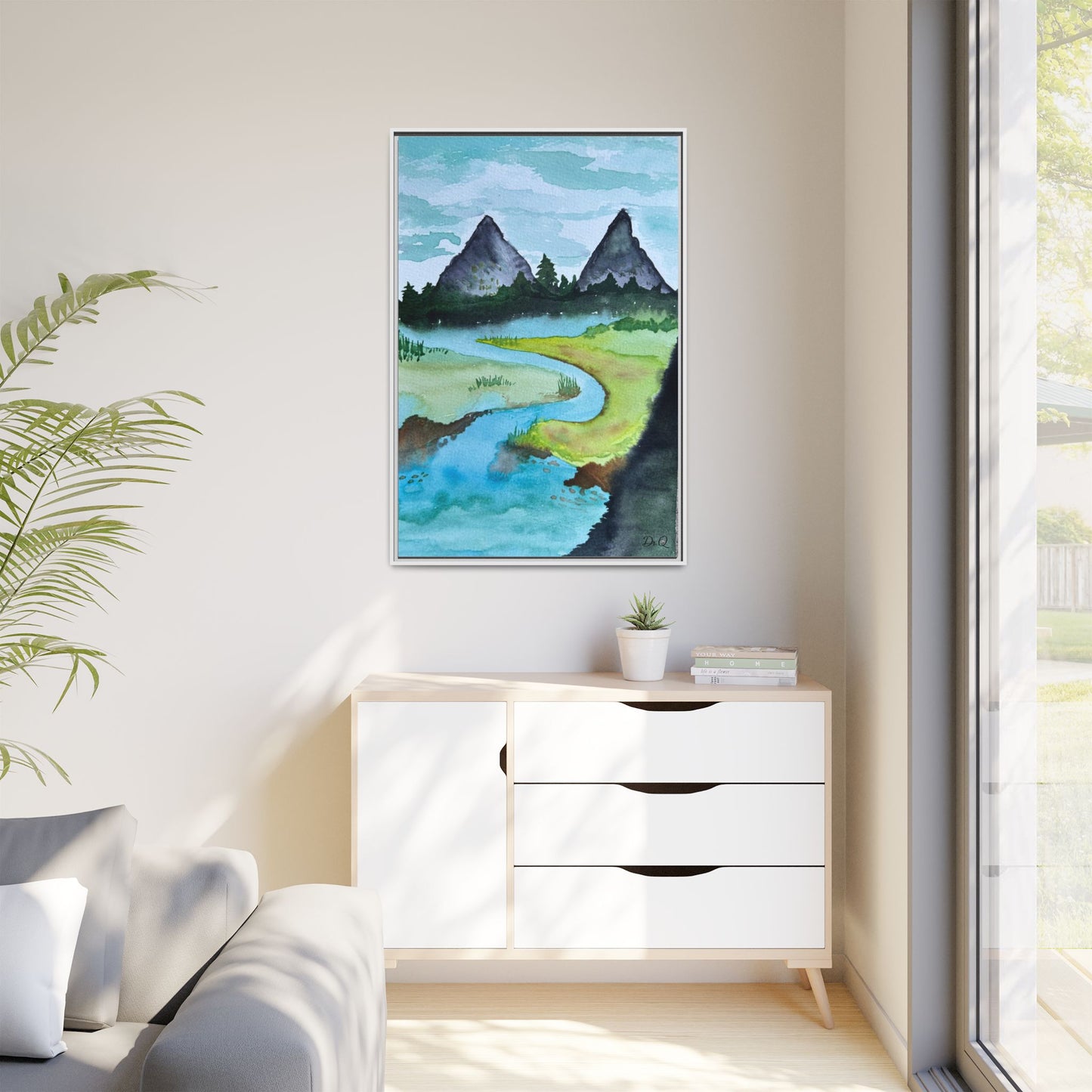 Mountain River Framed Canvas Watercolor Print by Dr. Q