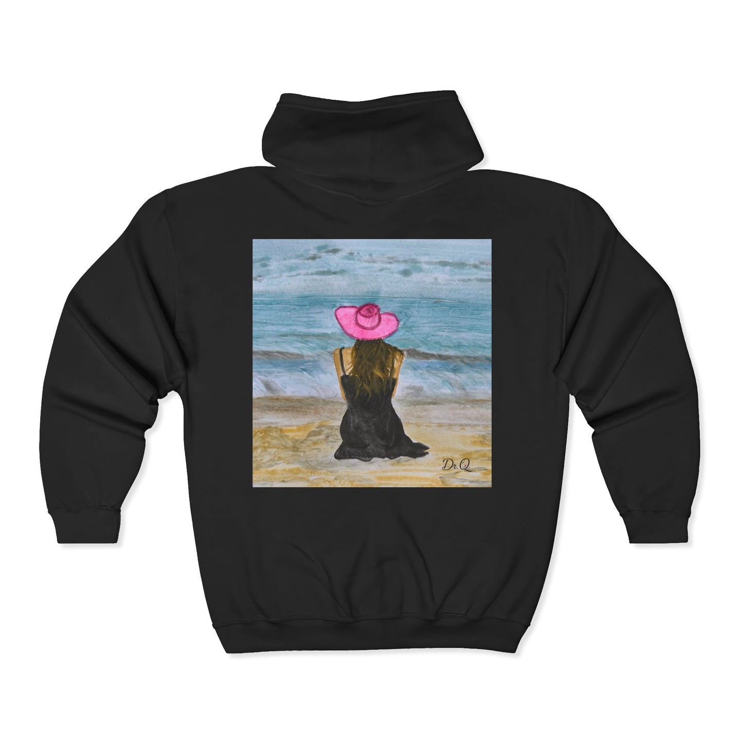 Dr. Q's Full-Zip Hoodie — Woman in Pink Hat Beach Art Zip-Up Sweatshirt