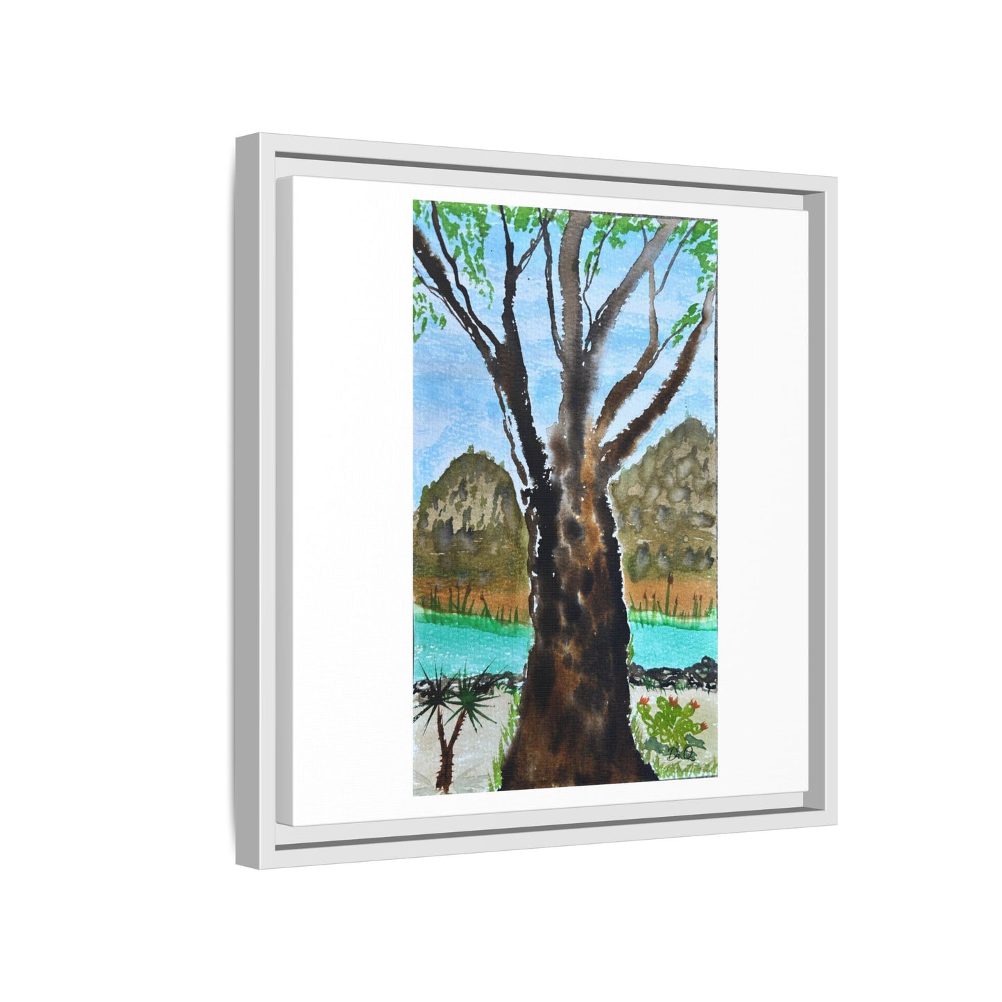Tranquil Lakeside Tree Watercolor - Framed Matte Canvas Print by Dr. Q