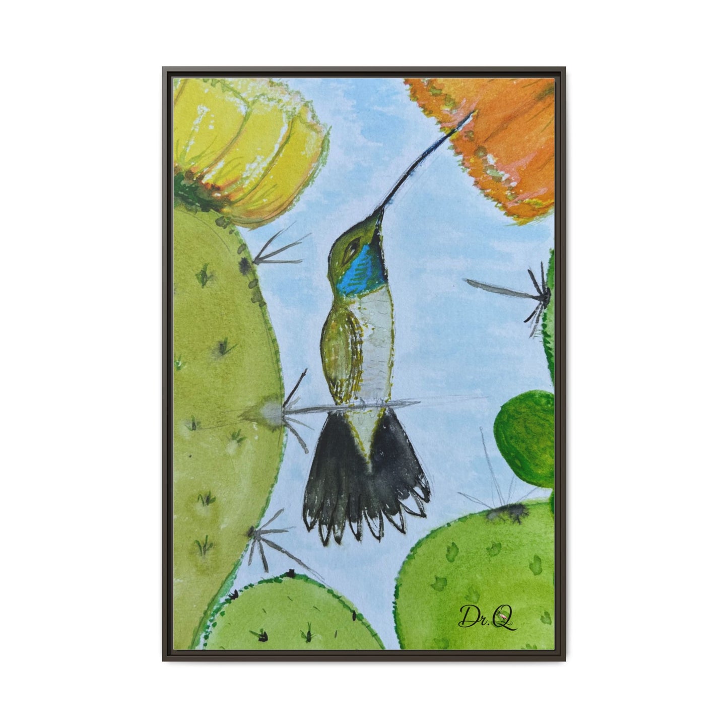 Framed Hummingbird Cactus Watercolor Print on Canvas by Dr. Q — Floral Desert Wall Art