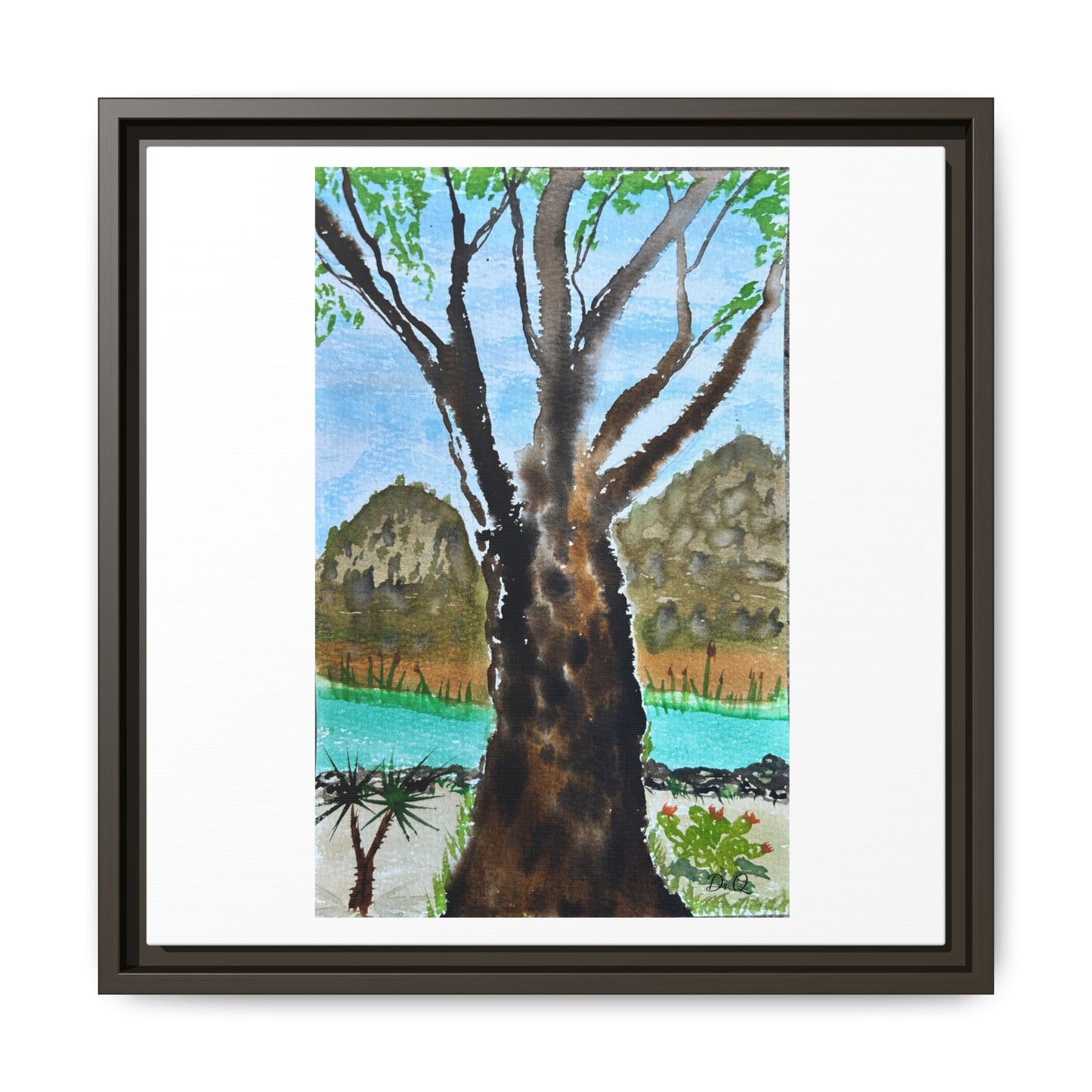 Tranquil Lakeside Tree Watercolor - Framed Matte Canvas Print by Dr. Q