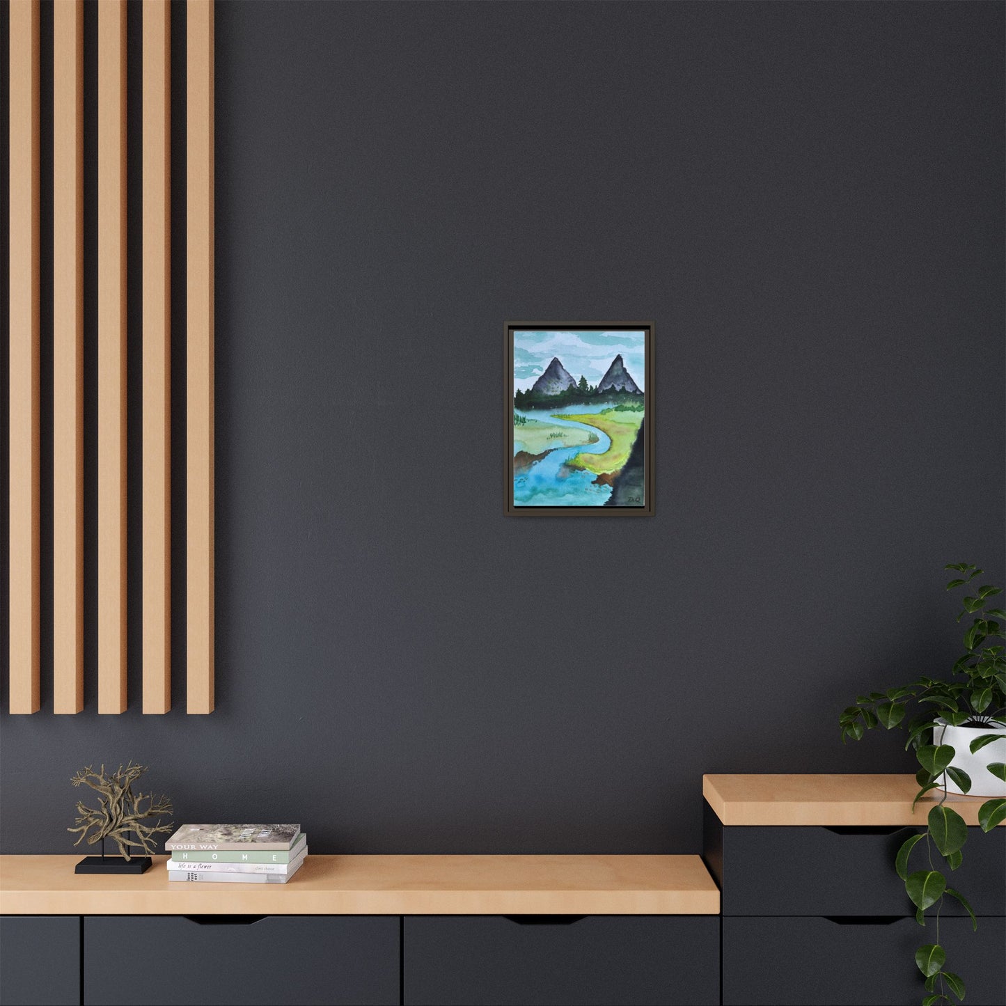 Mountain River Framed Canvas Watercolor Print by Dr. Q