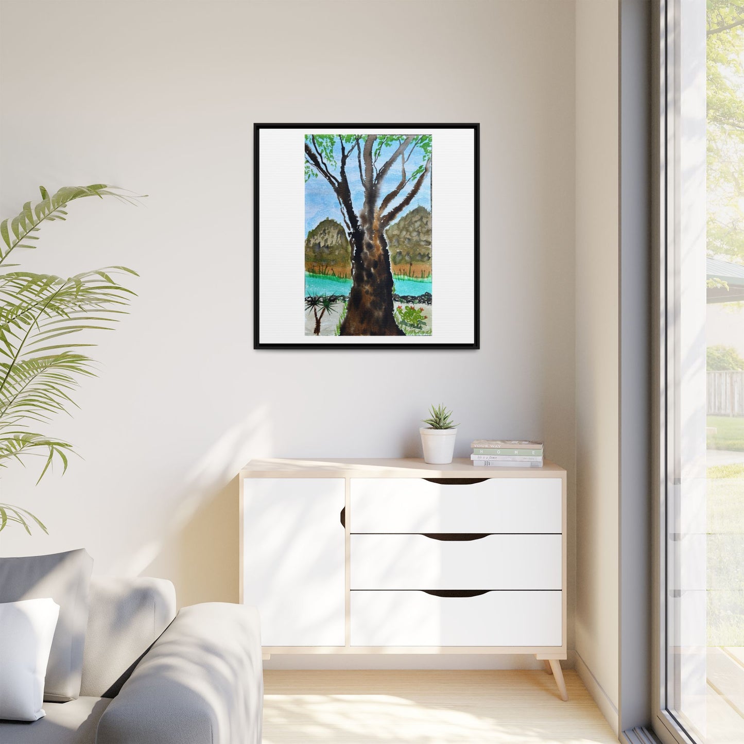Tranquil Lakeside Tree Watercolor - Framed Matte Canvas Print by Dr. Q