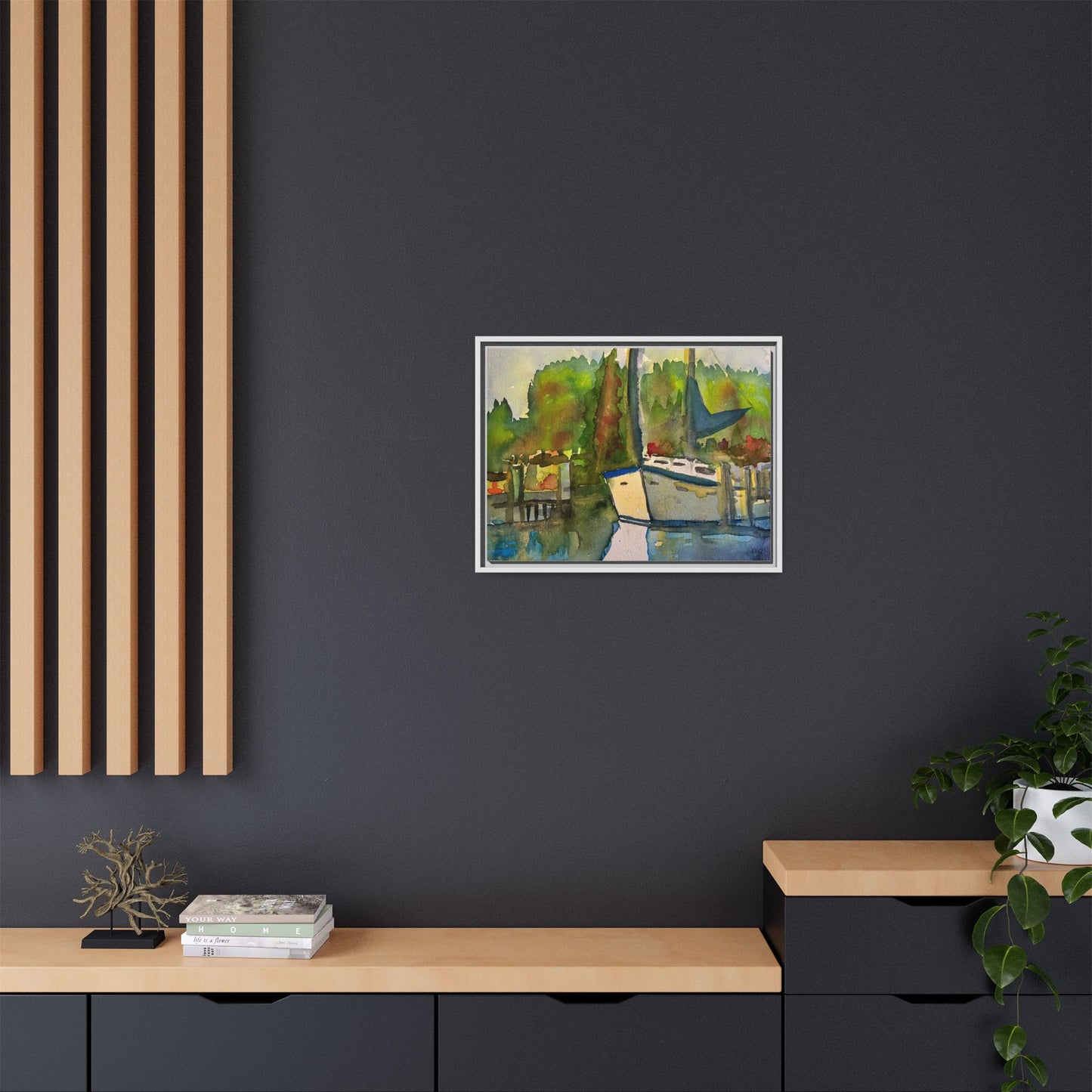 Sailboat Harbor Watercolor — Framed Matte Canvas Wall Art