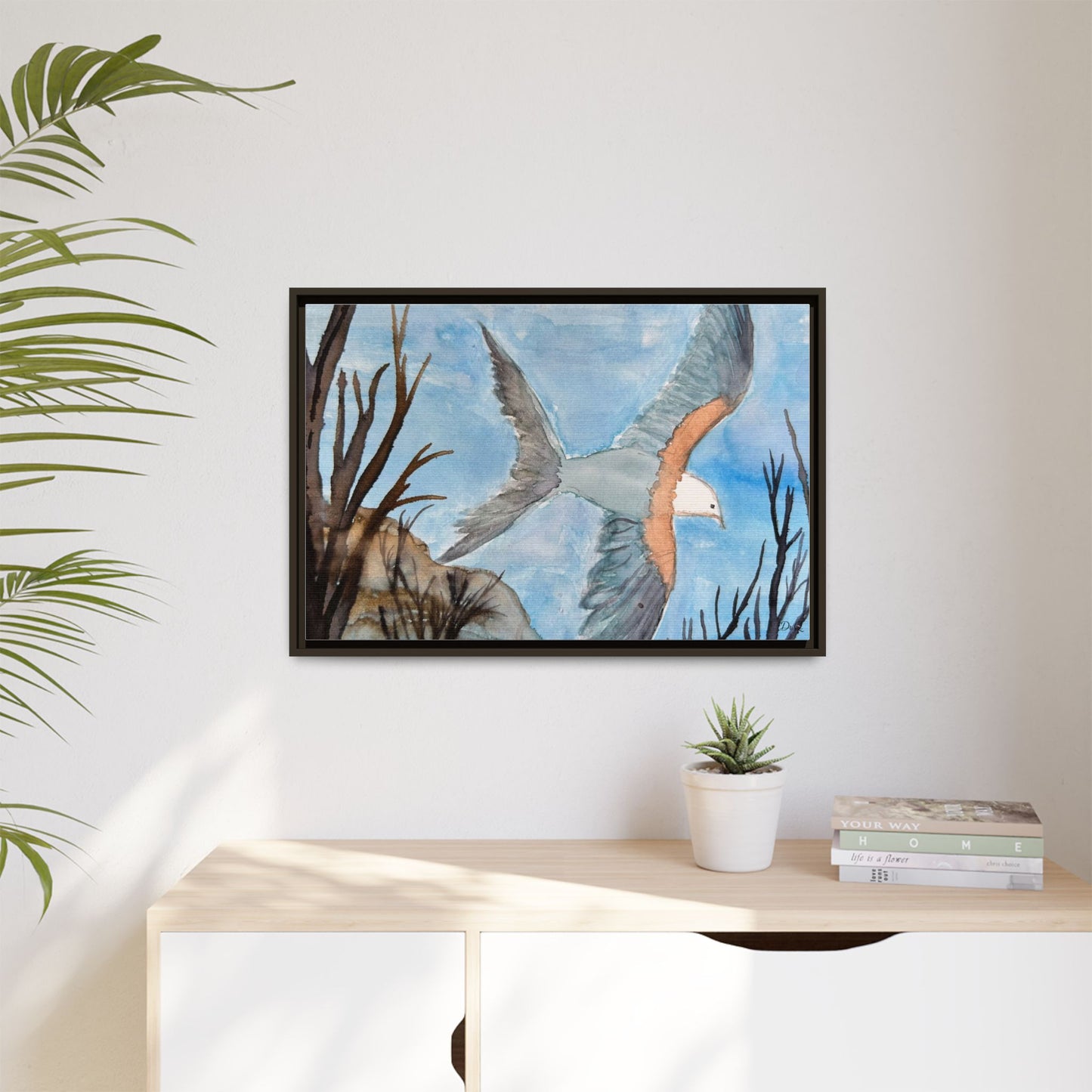 Framed Matte Canvas Wall Art — Soaring Seagull Coastal Print