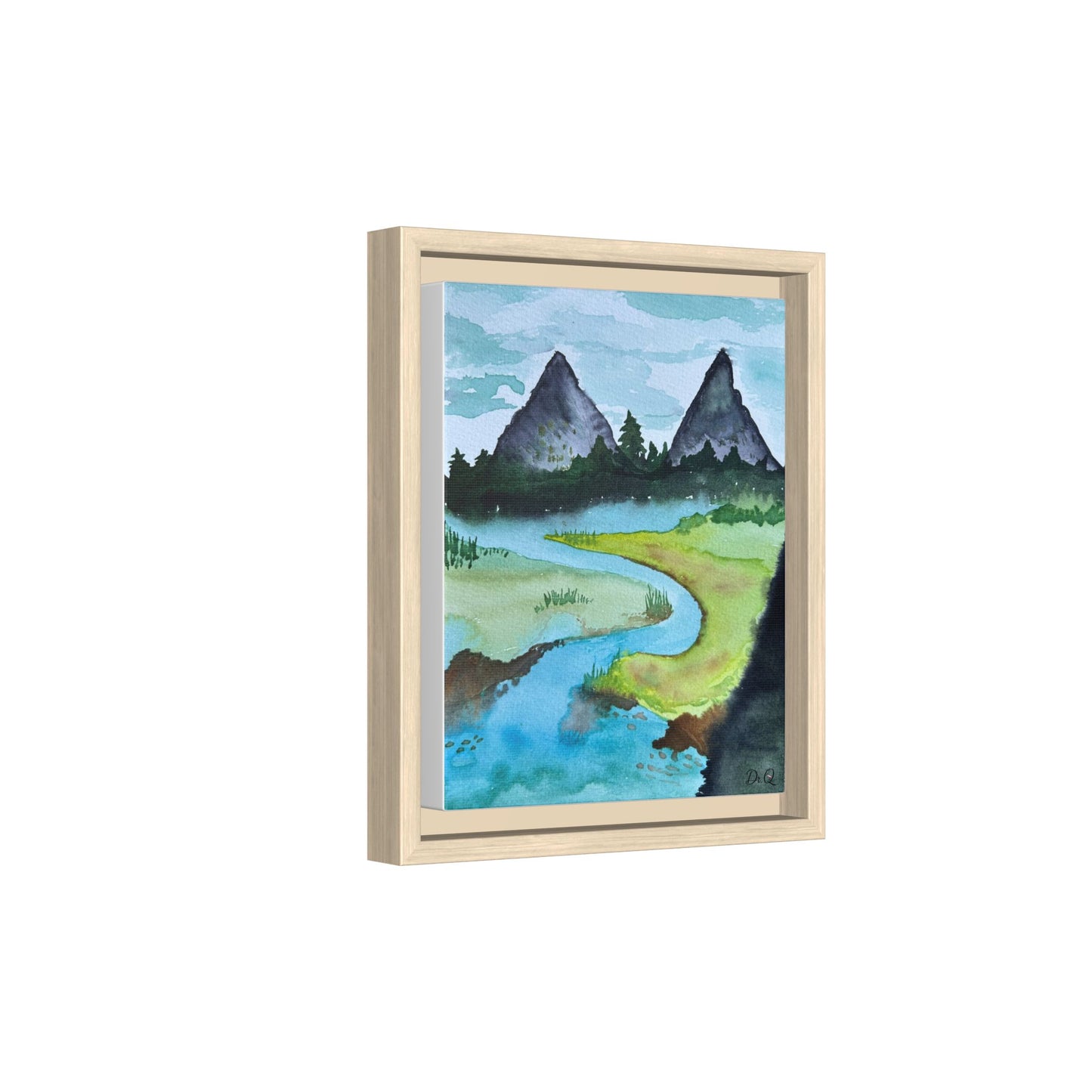 Mountain River Framed Canvas Watercolor Print by Dr. Q