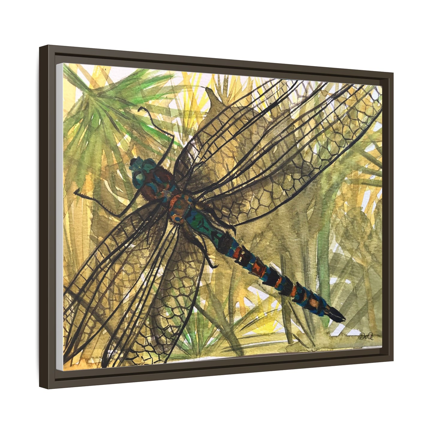 Dragonfly Framed Canvas Art — Botanical Watercolor Wall Decor