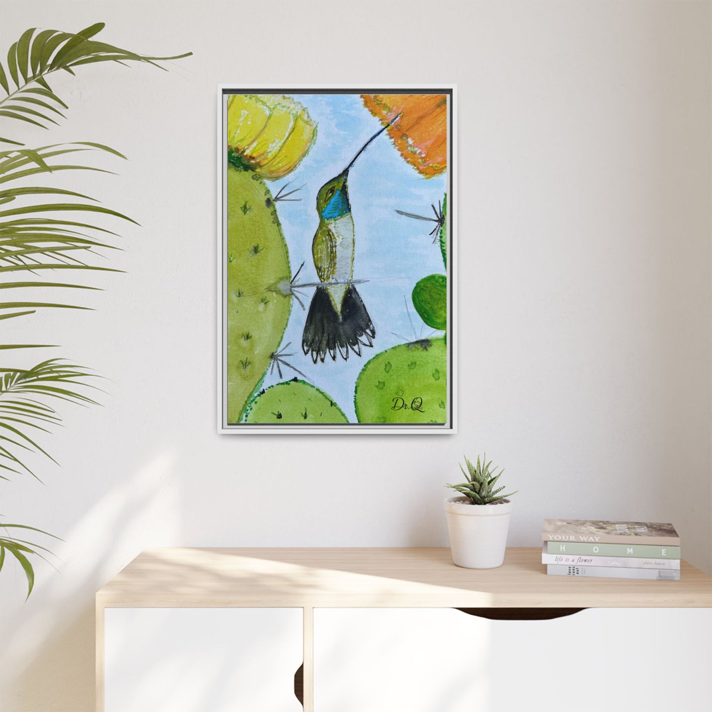 Framed Hummingbird Cactus Watercolor Print on Canvas by Dr. Q — Floral Desert Wall Art