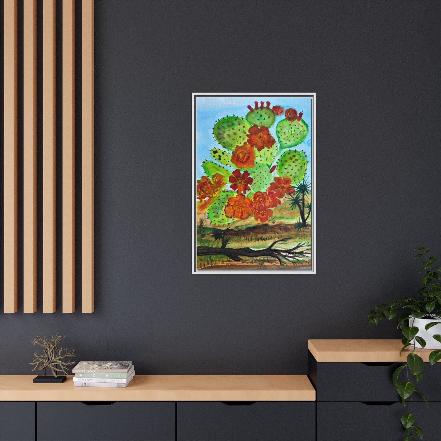 Prickly Pear Cactus Framed Canvas Print — Vertical Botanical Wall Art