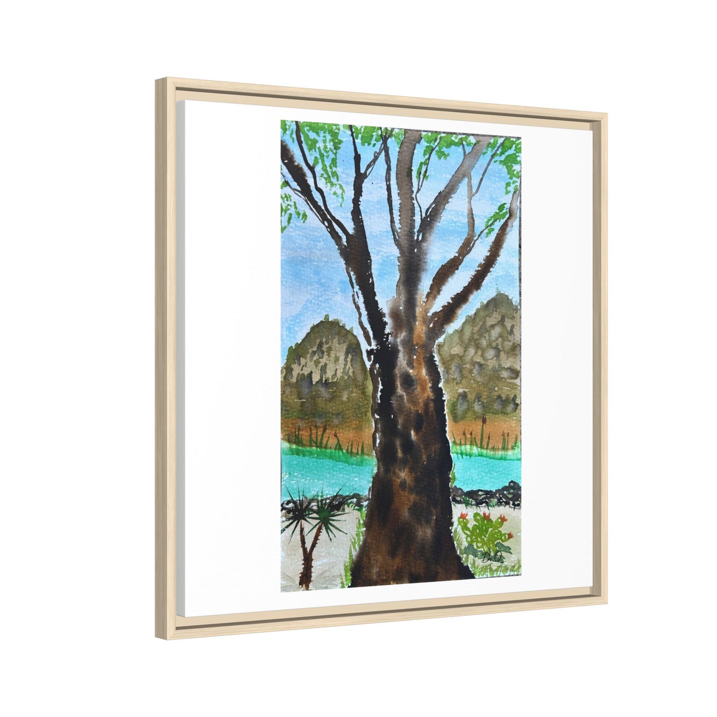 Tranquil Lakeside Tree Watercolor - Framed Matte Canvas Print by Dr. Q