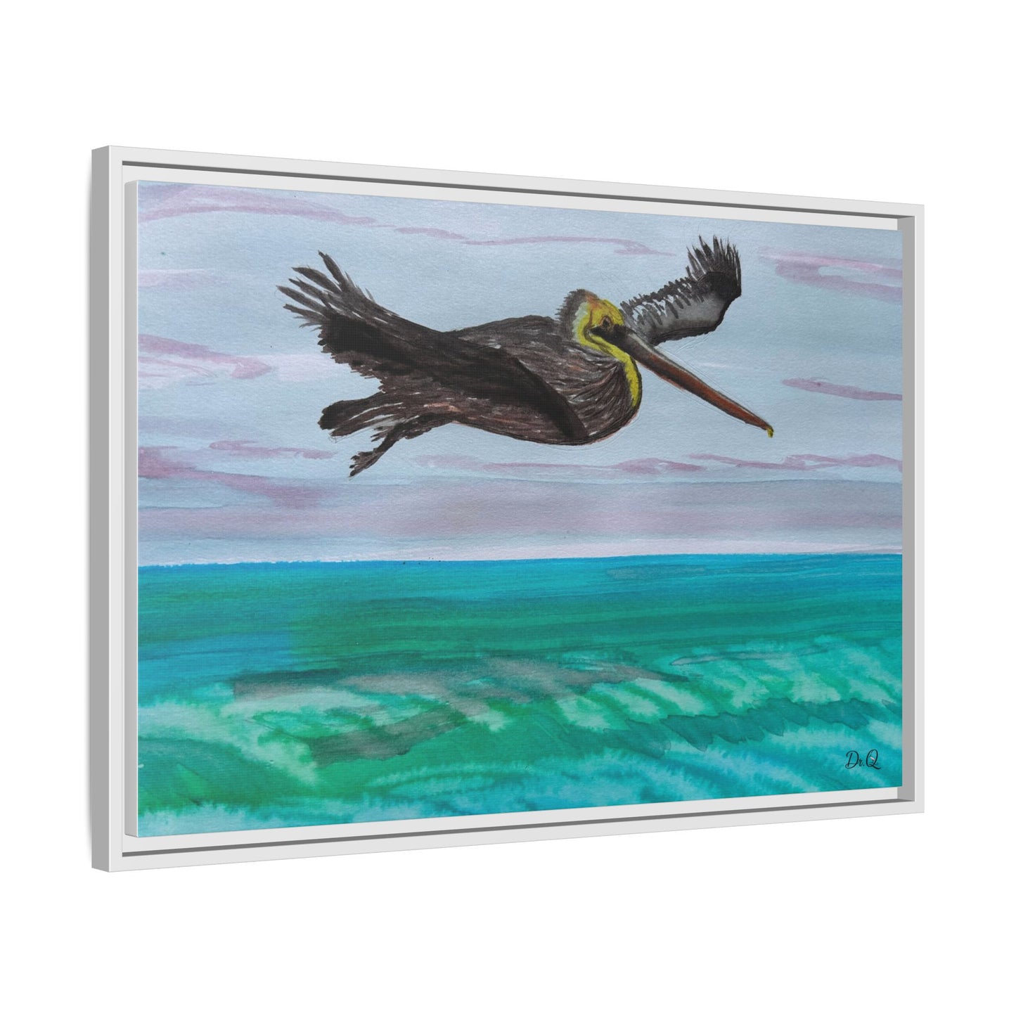 Brown Pelican Over Ocean Matte Framed Canvas Art