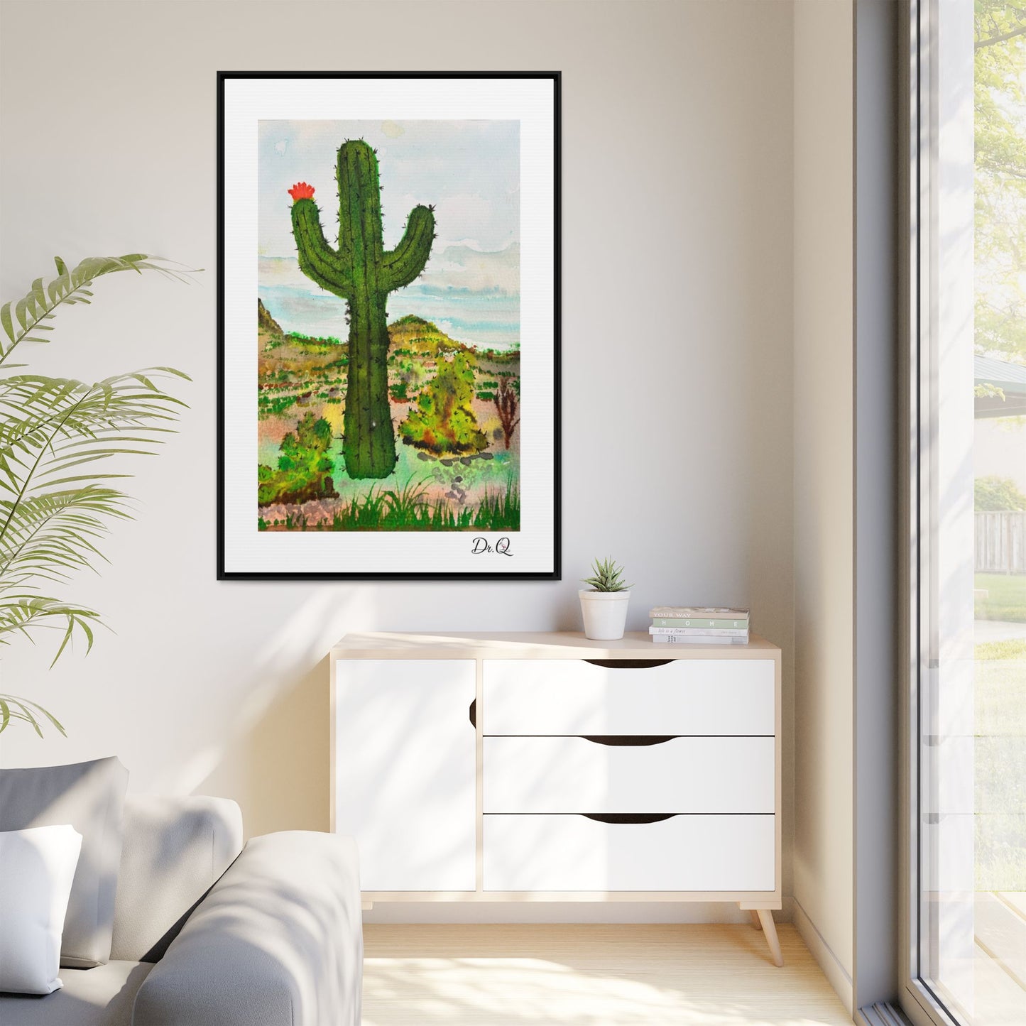 Framed Cactus Canvas Print — Desert Watercolor Wall Art