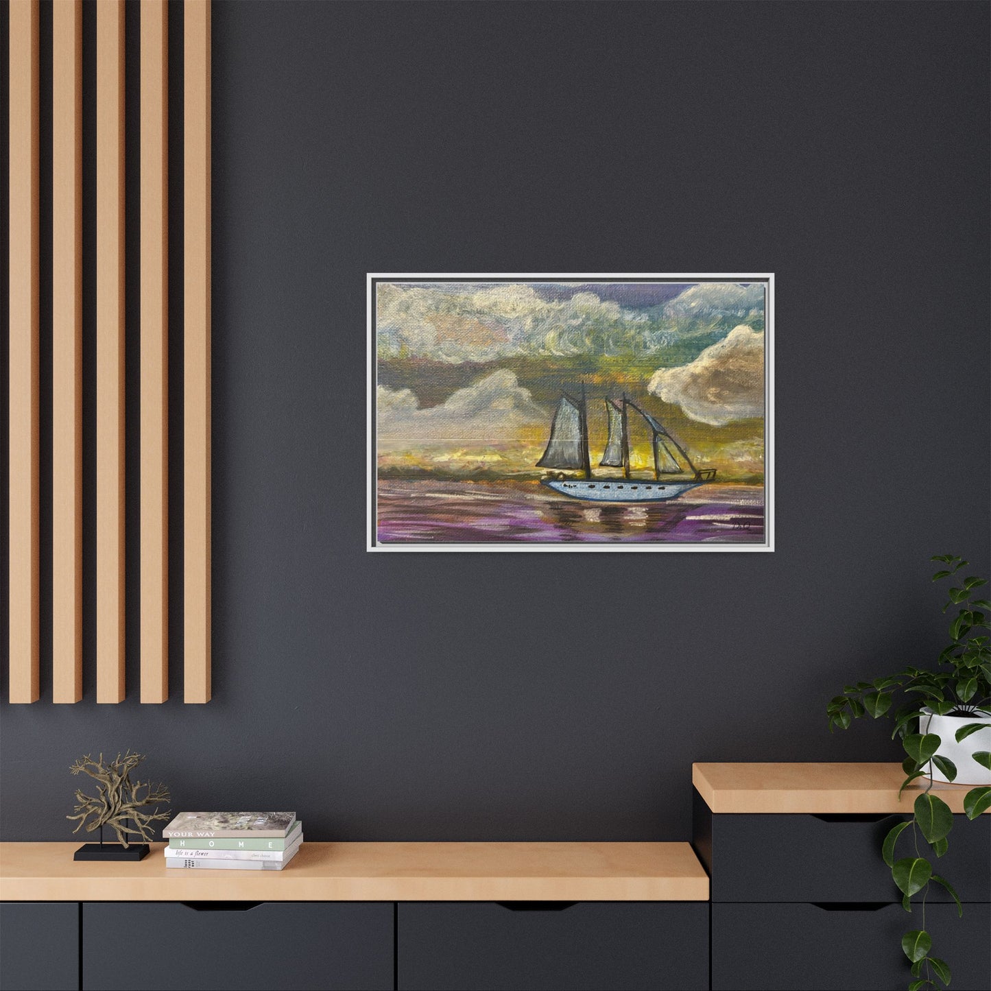 Framed Matte Canvas Sailboat Painting — Serene Seascape Wall Art