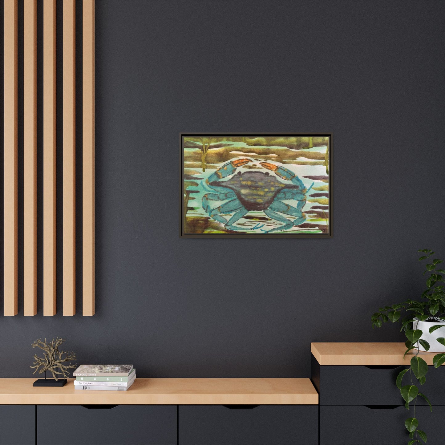 Blue Crab Coastal Art Print — Matte Framed Canvas