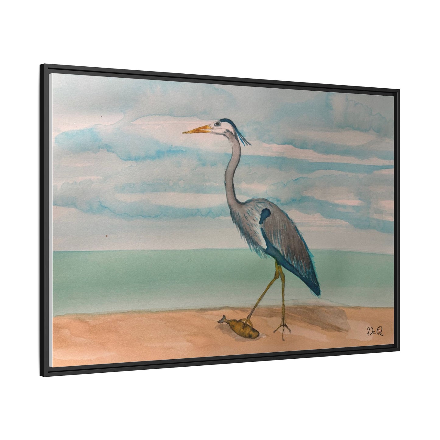 Framed Heron Beach Matte Canvas — Coastal Watercolor Wall Art